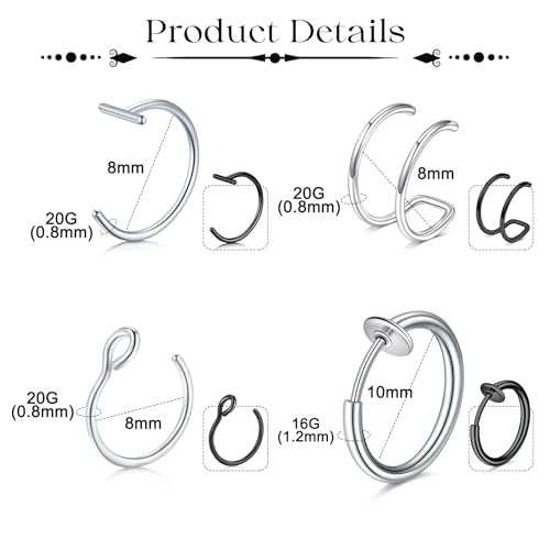 Fake Eyebrow Ring Fake Lip Labret Studs Replacement Balls Spike with 100pcs Sticker Non-Piercing Body Jewelry Fake Skin Piercing - color: C3 -Silver + Black