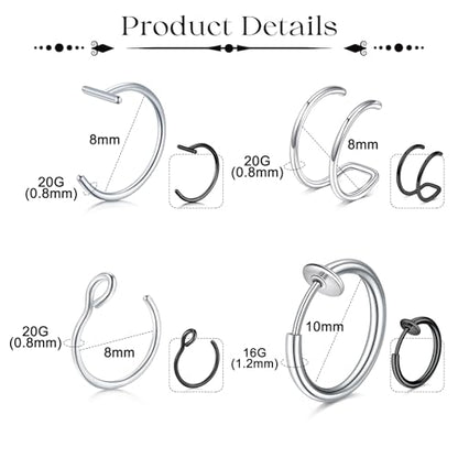 Fake Eyebrow Ring Fake Lip Labret Studs Replacement Balls Spike with 100pcs Sticker Non-Piercing Body Jewelry Fake Skin Piercing - color: C3 -Silver + Black
