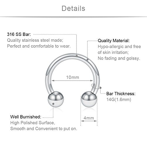 SCERRING 12PCS 10-14mm Stainless Steel Nose Horseshoe Hoop Rings Eyebrow Lip Ear Tragus Septum Piercing Hanger Retainer 16G 14G 12G - style: 14G - Inner Dia. 10mm