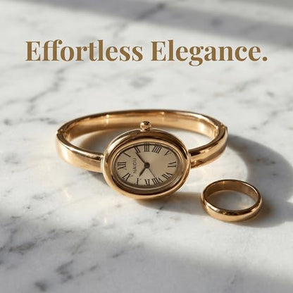 Women's Oval Bangle Watch, Elegant Open-Cuff Bracelet Wrist Watch with Roman Numeral Dial, Minimalist Luxury Fashion Quartz Watch for Ladies - color: Gold/Cream