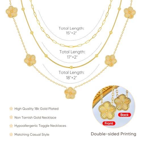 MPRAINBOW Gold Layered Necklace for Women - 3Pcs 18K Gold Plated Floral Necklaces, Stainless Steel Stackable Cuban Link Chain Non Tarnish Trendy Jewelry, Herringbone Chains Christmas Birthday Gifts - color: Gold 01