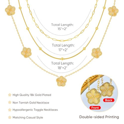 MPRAINBOW Gold Layered Necklace for Women - 3Pcs 18K Gold Plated Floral Necklaces, Stainless Steel Stackable Cuban Link Chain Non Tarnish Trendy Jewelry, Herringbone Chains Christmas Birthday Gifts - color: Gold 01