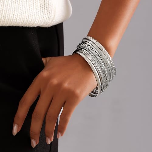 Gold Bangles for Women, 12 Pcs Boho Stackable Bracelets Multi Layer Textured Chunky Bracelets Jewelry Set for Women - color: Style D- 10 pcs silver