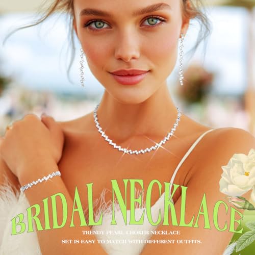JEAIRTS Rhinestone Tennis Chain Choker Necklace Jewelry Sets for Women | 3Pcs Diamond Bridal Necklace Earrings and Bracelet for Wedding Prom - color: 1-Silver