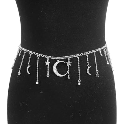 Moon Star Waist Chain for Women Gold/Silver Plated Metal Tassel Waist Chain Women Adjustable Bohemia Body Link Belts Body Belly Jewelry for Jeans Dresses - color: Silver