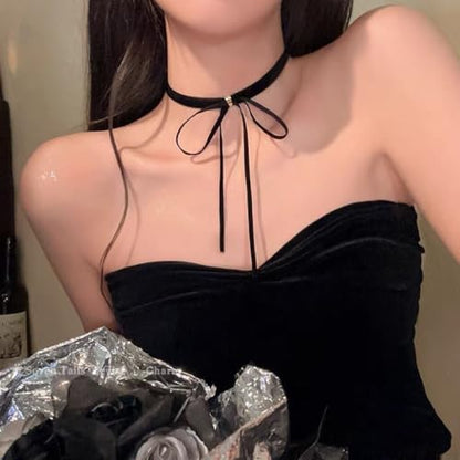 Bow Necklace for Women Red Bow Choker Black Ribbon Necklace Pearl Velvet Lace Necklaces Cute BowKnot Necklaces for Christmas Gifts - color: black