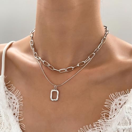 HUASAI Boho Necklaces for Women Dainty Layered Choker Necklace Bohemian Turquoise Necklace Statement Jewelry Western Cowgirl Country Concert Outfits Accessories - color: G Silver Layered Squar Necklace