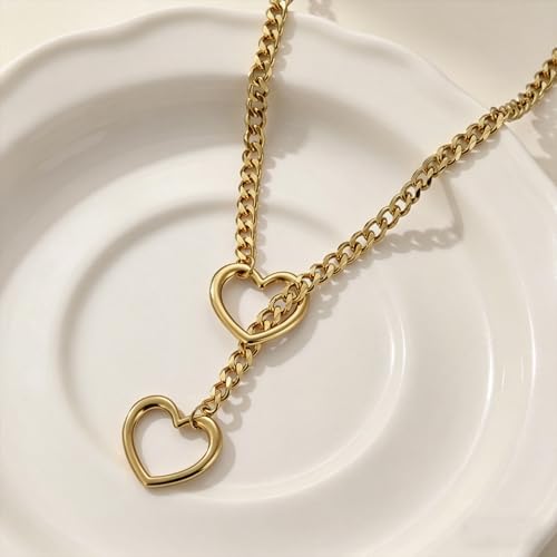 MIFYNN Heart O ring Slip Chain Necklaces for Women Stainless Steel Cuban Chain Bar Necklace Punk Rock Collar Necklace Handmade Adjustable Lariat Y Necklaces for Men - color: Gold heart