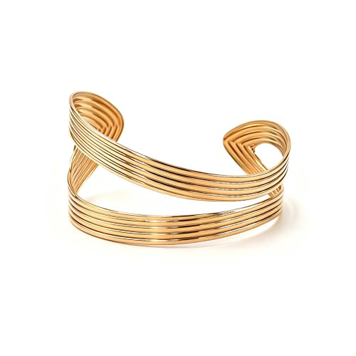 Chunky Gold Bangle Bracelets for Women Statement Bracelet for Dainty Charm Women Jewelry - color: Gold Stripes Bracelet