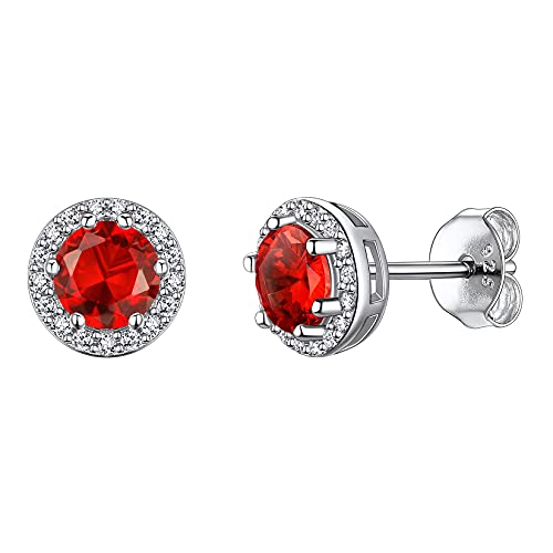 Suplight 925 Sterling Silver Birthstone Stud Earrings for Women, Round/Heart/Teardrop/Square Crystal Diamond Earrings for Women, Dainty Birthday Gifts Jewelry - color: style a-07. round-July(Created Ruby)