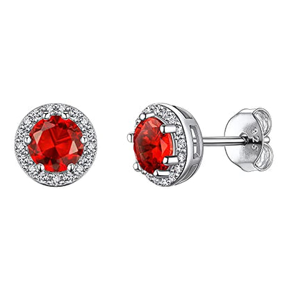 Suplight 925 Sterling Silver Birthstone Stud Earrings for Women, Round/Heart/Teardrop/Square Crystal Diamond Earrings for Women, Dainty Birthday Gifts Jewelry - color: style a-07. round-July(Created Ruby)