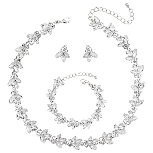 Bridal Wedding Crystal Leaf Choker Necklace Dangle Earring Bracelet Brides Bridesmaid Jewelry Set for Women - color: White-Platinum Plated