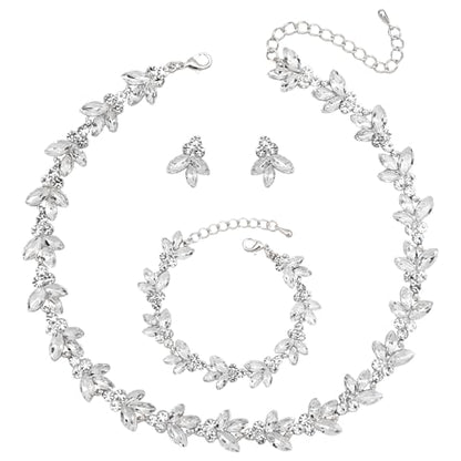 Bridal Wedding Crystal Leaf Choker Necklace Dangle Earring Bracelet Brides Bridesmaid Jewelry Set for Women - color: White-Platinum Plated
