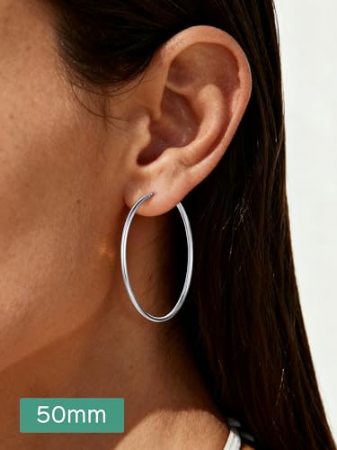 ChicSilver 925 Sterling Silver Hoop Earrings for Women Hypoallergenic, Lightweight Large Gold Plated Silver Hoop Earrings, Endless Hoops Earring 20/30/40/50/60/70MM - color: A. High Polished Silver, size: 50mm