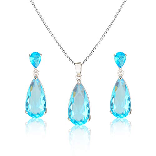 Wedding Jewelry Set for Bridesmaids - Sterling Silver Teardrop CZ Crystal Cubic Zirconia Rhinestone Diamond Bridal Necklace Earrings Set for Bride Mother of Bride Party Prom Birthstone Costume Jewelry - color: Mar-Aquamarine