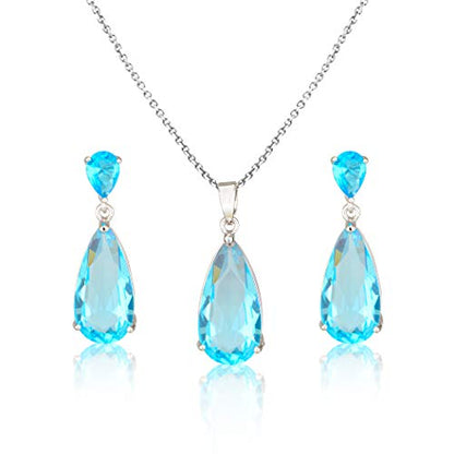 Wedding Jewelry Set for Bridesmaids - Sterling Silver Teardrop CZ Crystal Cubic Zirconia Rhinestone Diamond Bridal Necklace Earrings Set for Bride Mother of Bride Party Prom Birthstone Costume Jewelry - color: Mar-Aquamarine