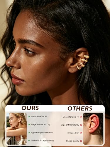 14K Gold/Silver Plated Ear Cuffs Non Piercing Set Clip On Dainty | Non Pierced Ear Cuff, Stackable Small Cartilage Hoop Huggie Set, Tarnish Resistant Hypoallergenic Trendy Jewelry Gift - style: gold style 15