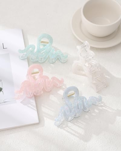 4PCS Large Claw Clips for Thick Hair, Large Acrylic Hair Clips | Modern Marble Geometric Design, Non-Slip Secure Hold for Long Hair, Buns, Updos and Everyday Styling - color: Wave-White + Pink + Blue + Cyan