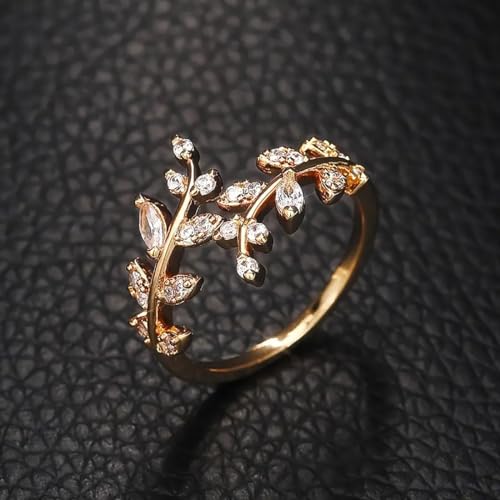 Olive Leaf Rings for Women, Spiritual Meditation Jewelry with Energy Flow Design, 18K Gold Plated Japanese Brass and Asfour Crystal Vine Ring, Symbol of Balance & Inner Harmony - color: Gold plating