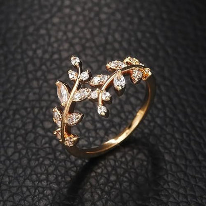 Olive Leaf Rings for Women, Spiritual Meditation Jewelry with Energy Flow Design, 18K Gold Plated Japanese Brass and Asfour Crystal Vine Ring, Symbol of Balance & Inner Harmony - color: Gold plating