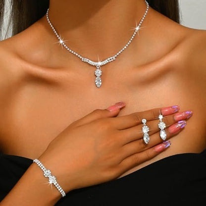MIFYNN Rhinestone Wedding Set for Women Sparkle Crystal Earrings Necklace Bracelet Jewelry Set Wedding Party Prom Jewelry Set for Brides Bridesmaid - color: Silver5