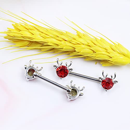 2PCS 14G 316L Stainless Steel Opal Nipple Rings Deer Head Nipple Barbell Nipple Piercings Jewelry for Women - color: Red