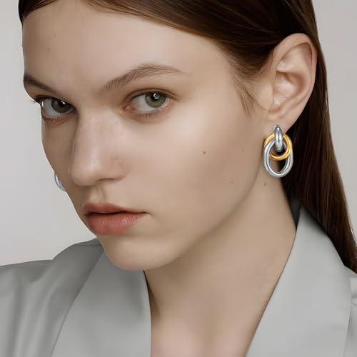 Gold Geometric Clip On Earrings for Women Chunky Gold Knot Link Clip Earrings Trendy Jewelry - color: Two Tone-A
