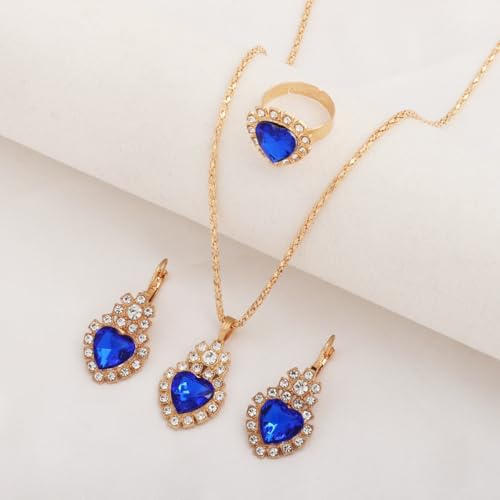Teardrop/Heart Crystal Jewelry Set for Women, Gold Tone Rhinestone Necklace Earrings Ring Set, Wedding Bridal Prom Party Jewelry Gift - color: Blue (Heart)