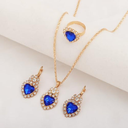 Teardrop/Heart Crystal Jewelry Set for Women, Gold Tone Rhinestone Necklace Earrings Ring Set, Wedding Bridal Prom Party Jewelry Gift - color: Blue (Heart)