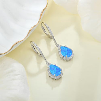 Created Opal Earrings 925 Sterling Silver Leverback Drop Dangle Earrings 5A Cubic Zirconia Jewelry for Women - color: B blue opal