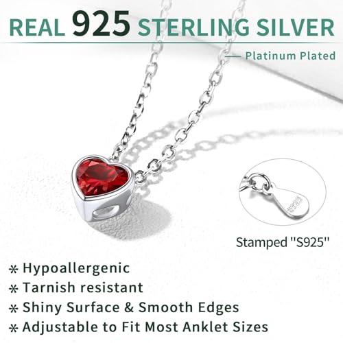ChicSilver 925 Sterling Silver Anklets for Women, Simple Dainty Round/Heart Birthstone Ankle Bracelet Beach Foot Jewelry, 8.7-10.7 Inch Adjustable - color: 01. Heart - January(Garnet)