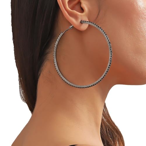 80mm Rhinestone Hoop Earrings for Women Sparkly Earrings Cubic Zirconia Circle Earring Exaggerated Prom Earring Large Rhinestones Round Hoop Earrings Silver Prom Jewelry for Party Wedding Birthday - color: Black