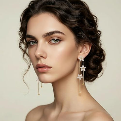 14K Gold Plated CZ Flower Dangle Earrings for Women, Sparkly Cubic Zirconia Long Tassel Drop Earrings, Bridal Wedding Jewelry - color: E:Flower earrings