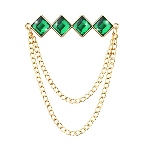 Gem Brooch Pins Hanging Chain Lapel Pin for Men Suits Metal Tassel Chain Collar Pins Suit Brooch Vintage Crystal Rhinestone Brooches for Men Wedding Business Prom Party - color: Green