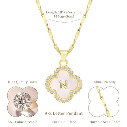 LETFLY 14K Four Leaf Clover Natural Shells Initial A-Z Necklaces for Women - color: Gold, style: Letter N