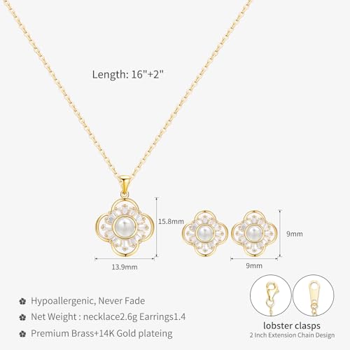 14K Gold Plated | 14K Platinum Plated Necklace for Women Necklace Earrings Set with Sparkling Zircon Inlay and Silver Post Earrings - color: Pearl flower gold suit