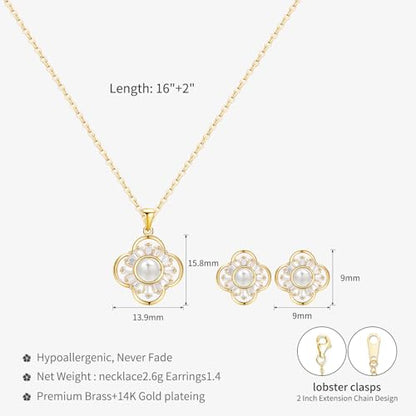 14K Gold Plated | 14K Platinum Plated Necklace for Women Necklace Earrings Set with Sparkling Zircon Inlay and Silver Post Earrings - color: Pearl flower gold suit