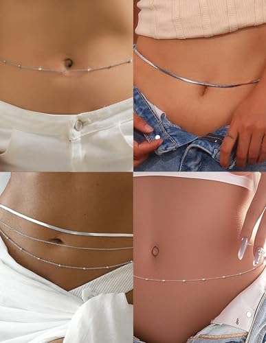 8Pcs Waist Chain 18K Gold Plated Belly Belt Chains Sexy Bikini Summer Beach Satellite Beaded Sequin Snake Layered Coin CZ Body Chain Jewelry Accessories for Women Gold Silver Tone Adjustable - color: Silver