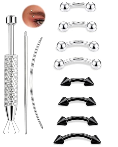 11Pcs Eyebrow Piercing Jewelry with Grabber Tool 14G/16G Stainless Steel Curved Barbell Eyebrow Jewelry Hypoallergenic Eyebrow Rings Rook Vertical Labret Navel Daith Lip Helix Conch Daith for Women Men 6mm/8mm/10mm/12mm - color: Silver/Black, size: 14G