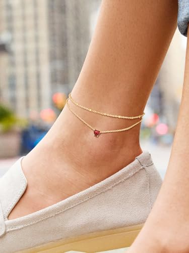 Suplight Gold Plated Butterfly Anklets for Women Waterproof, Layered Boho Ankle Bracelet with Birthstone, Stainless Steel Adjustable Non-Tarnish Heart Foot Jewelry Beach Vacation - color: 01. Heart-Jan. Garnet