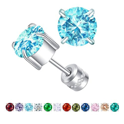 Titanium Flat Back Surgical Stainless Steel Stud Earrings for Women Men,Birthstone Stud Earrings Hypoallergenic Double Side 5A Cubic Zirconia Studs Jewelry 6mm - color: March (Aquamarine)
