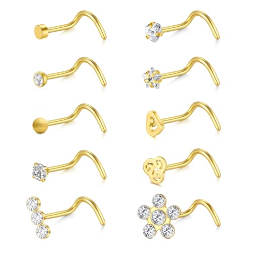 Briana Williams Nose Studs Nose Rings for Women 18G 20G Corkscrew Nose Ring Stainless Steel Nose Screw Studs Nose Rings Studs Surgical Steel Nostril Nose Piercing Jewelry - color: C -20g, Gold