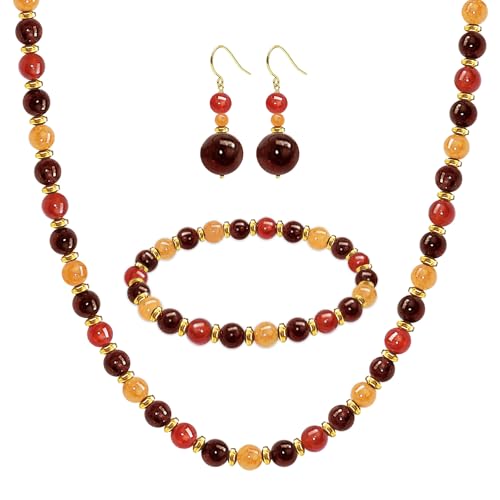 Beaded Necklaces for Women 3Pcs Colorful Boho Gemstone Bead Choker Summer Natural Stone Surfer Beach Bead Necklace Bracelets Earring Set Handmade Jewelry for Women Gift Jewelry Sets - color: Red
