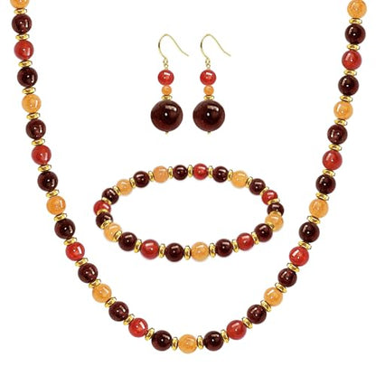 Beaded Necklaces for Women 3Pcs Colorful Boho Gemstone Bead Choker Summer Natural Stone Surfer Beach Bead Necklace Bracelets Earring Set Handmade Jewelry for Women Gift Jewelry Sets - color: Red