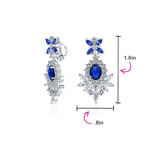 Cocktail Leaf Motif Multi Color CZ Chandelier Clip-On Earrings Silver Plate - color: Blue