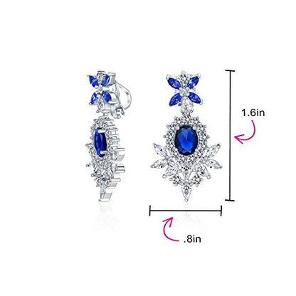 Cocktail Leaf Motif Multi Color CZ Chandelier Clip-On Earrings Silver Plate - color: Blue