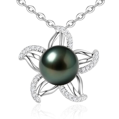 Genuine Tahitian Black Pearl Necklace for Women, 9-11mm AAAA Seawater Pearl with Sterling Silver Moissanite Pendant, Jewelry Gift for Wife, Mom, Girlfriend, Wedding Anniversary, Birthday, Christmas - size: 9-10mm, style: Starfish Design
