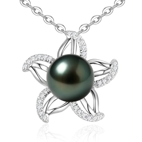 Genuine Tahitian Black Pearl Necklace for Women, 9-11mm AAAA Seawater Pearl with Sterling Silver Moissanite Pendant, Jewelry Gift for Wife, Mom, Girlfriend, Wedding Anniversary, Birthday, Christmas - size: 9-10mm, style: Starfish Design