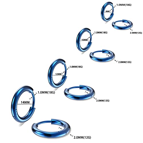 316L Surgical Stainless Steel Small Hoop Earrings 8mm 10mm 12mm 14mm Hypoallergenic Huggie Hoop Earrings Helix Lobes Hinged Sleeper Earrings Cartilage Piercings - color: I: Blue (Diameter 8mm/10mm/12mm/14mm),4 Pairs