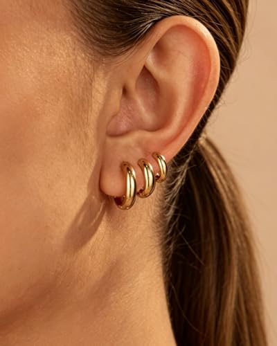 316L Surgical Stainless Steel 3Pairs 14K Gold Plated Hoop Earrings Set for Women Chunky Earring Hypoallergenic Small Huggie Hoops Lightweight Trendy Hoop Earrings Stacks for Multiple Piercing